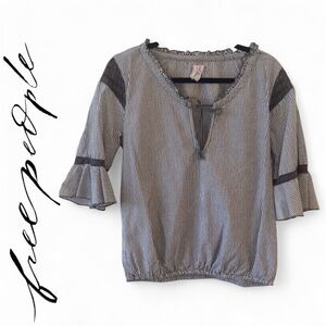 Vintage Free People Gray & White Stripe Shirt with Bell Sleeves & Crochet Detail